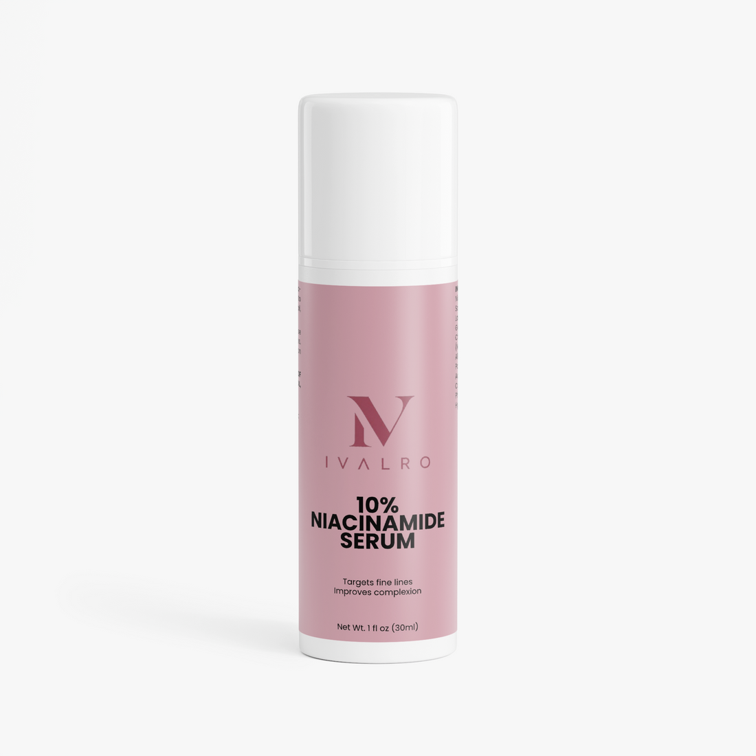 Sérum de Niacinamida 10% de Ivalro: frasco con dosificador y tapa, visto de frente