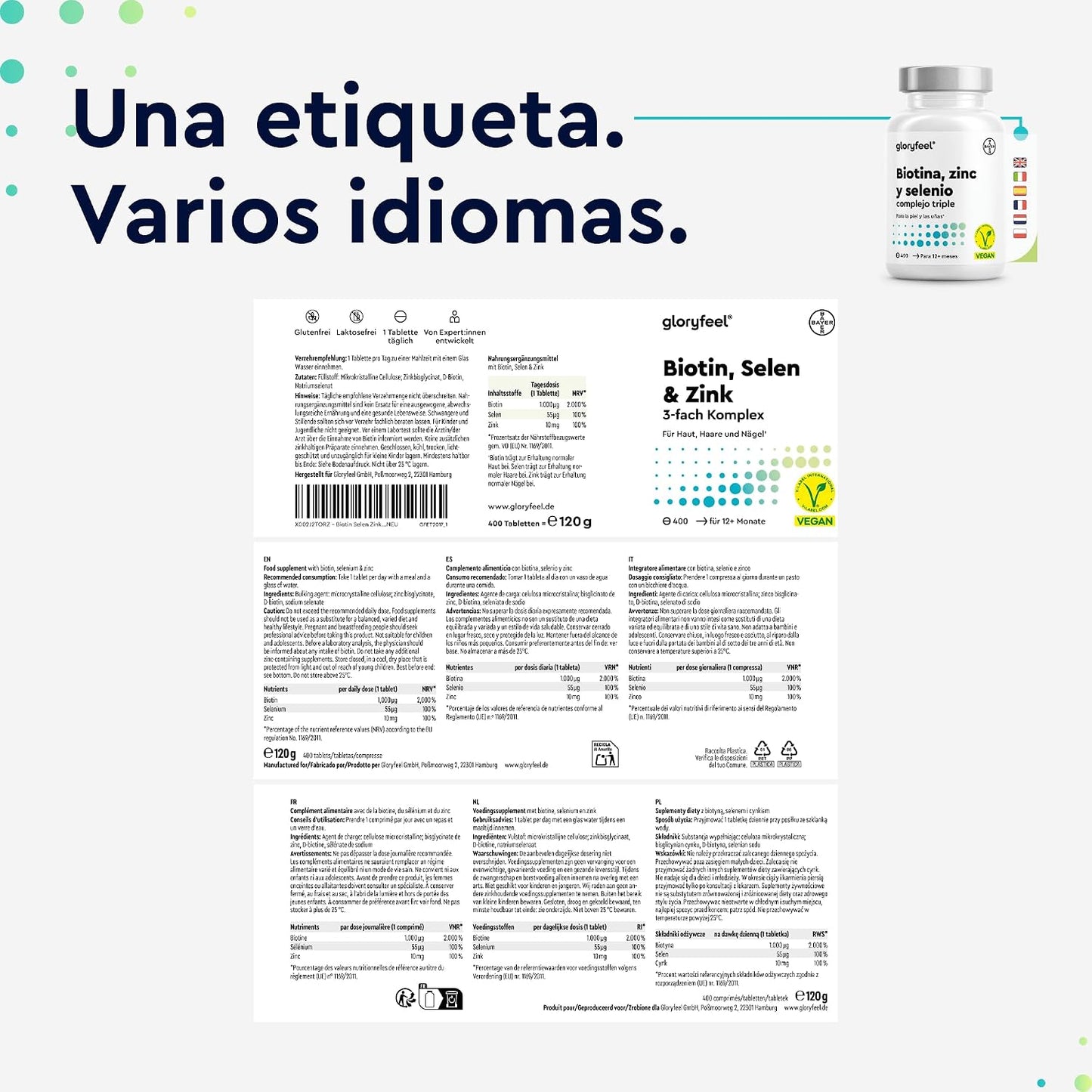 Biotina + Zinc + Selenio - 400 Pastillas Veganas (Suministro Para 1+ Año) - Vitaminas Para El Cabello - Apoya El Crecimiento Del Pelo, Fortalece La Piel Y Las Uñas - Sin Aditivos