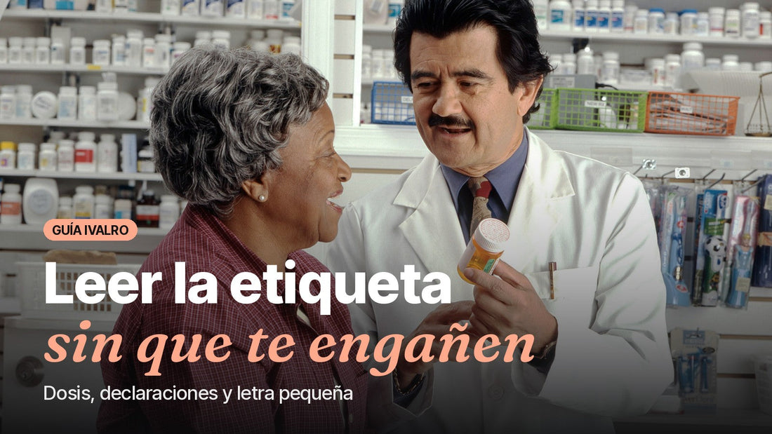 Farmacéutico enseñando la etiqueta de un bote a una clienta, portada de la guía para leer etiquetas