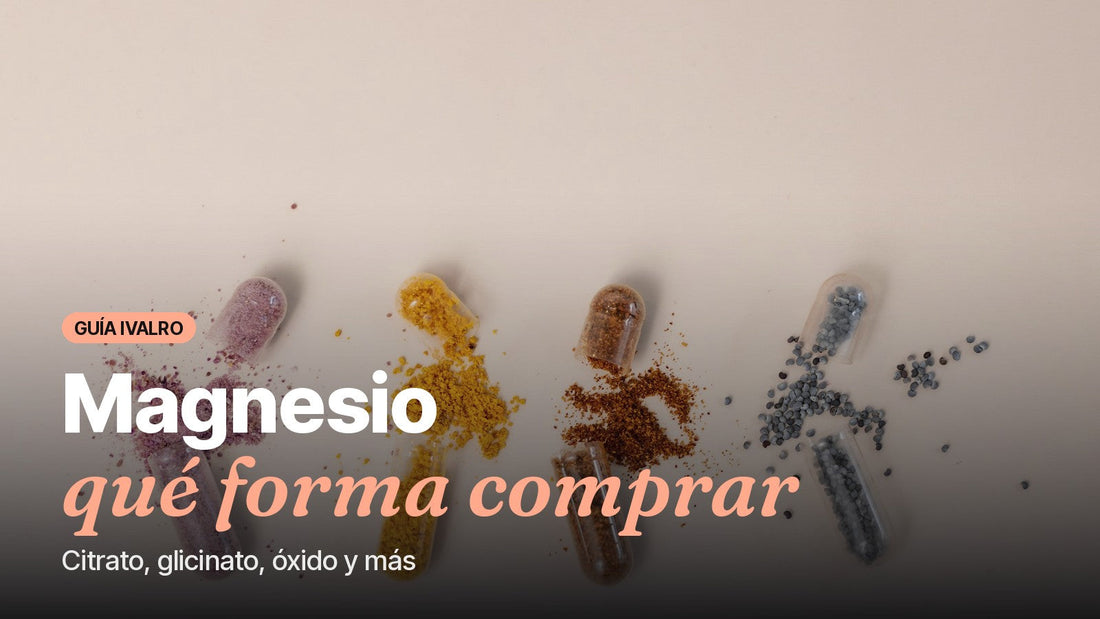 Cápsulas abiertas con polvo, portada de la guía de formas de magnesio