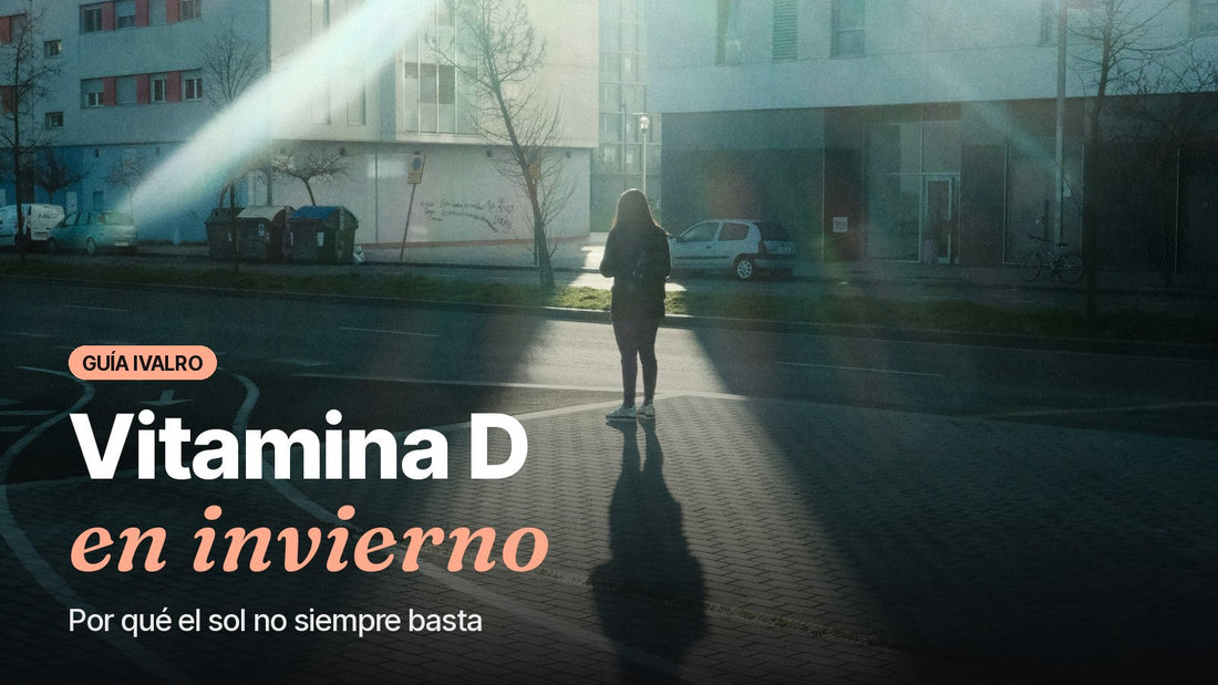 Persona caminando por una calle con sol bajo de invierno, portada de la guía de vitamina D