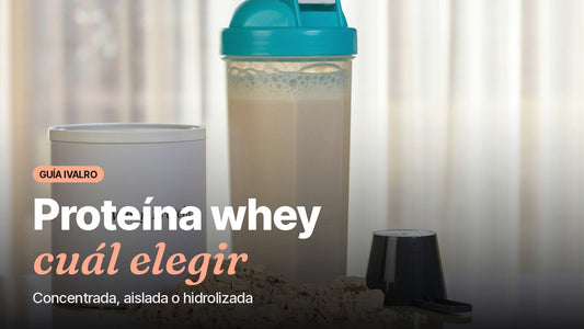 Bote de proteína whey, coctelera y cacito, portada de la guía de proteína whey
