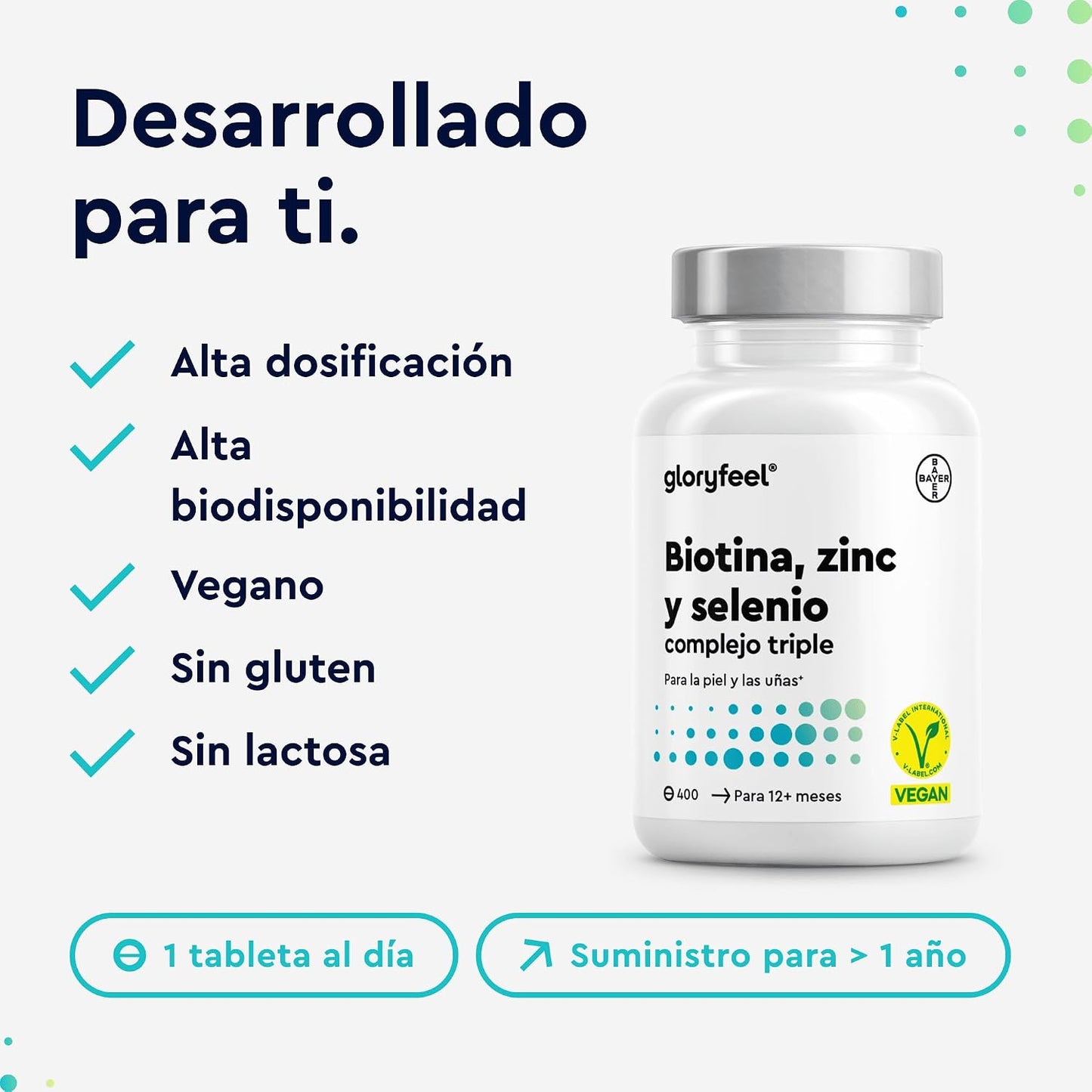 Biotina + Zinc + Selenio - 400 Pastillas Veganas (Suministro Para 1+ Año) - Vitaminas Para El Cabello - Apoya El Crecimiento Del Pelo, Fortalece La Piel Y Las Uñas - Sin Aditivos