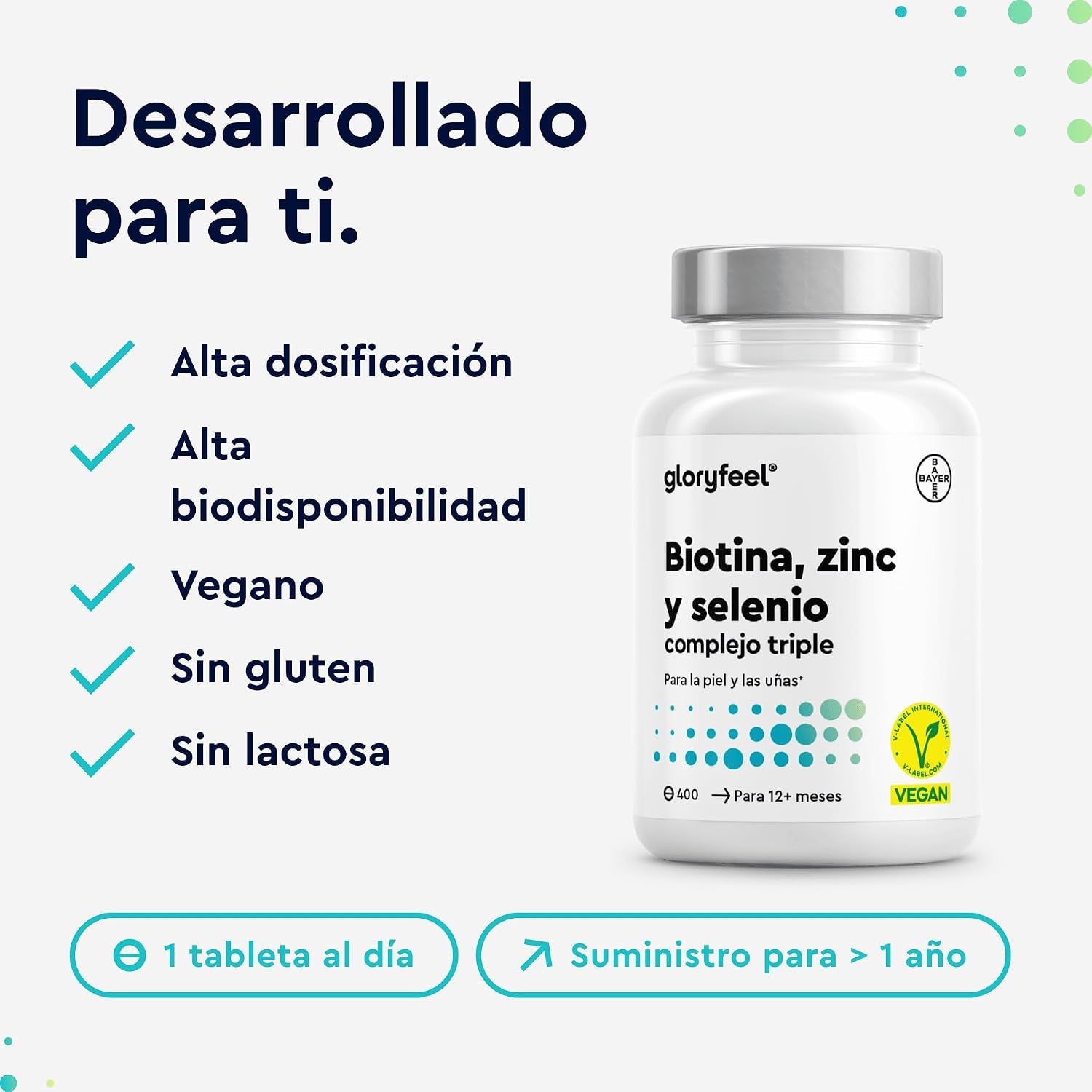 Biotina + Zinc + Selenio - 400 Pastillas Veganas (Suministro Para 1+ Año) - Vitaminas Para El Cabello - Apoya El Crecimiento Del Pelo, Fortalece La Piel Y Las Uñas - Sin Aditivos