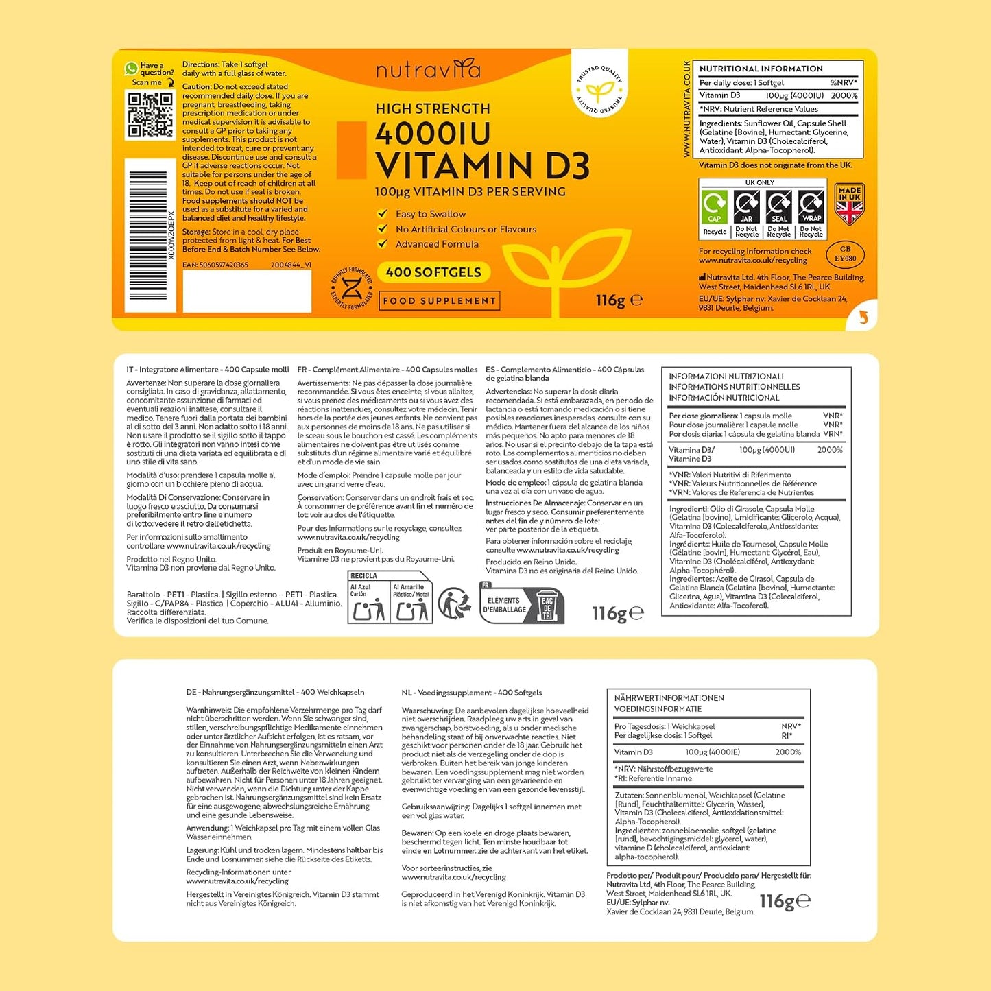 Nutravita Vitamina D3 4000 UI Con 400 Comprimidos Softgel De Alta Dosis