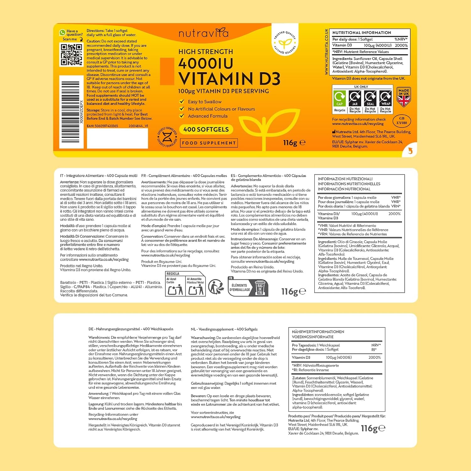 Nutravita Vitamina D3 4000 UI Con 400 Comprimidos Softgel De Alta Dosis