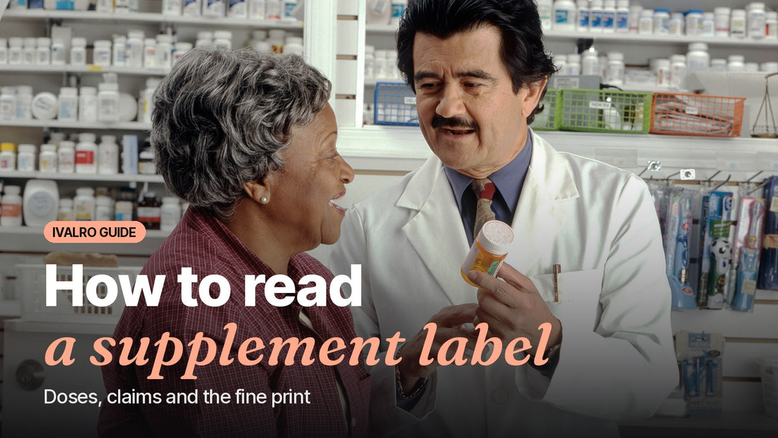 Pharmacist showing a bottle label to a customer, cover of the supplement label guide