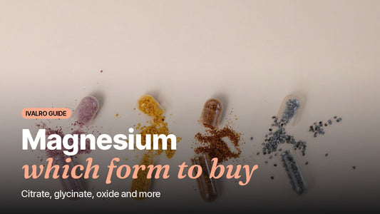 Open supplement capsules with powder, cover of the magnesium forms guide