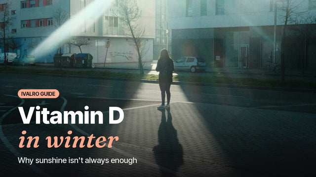 Person walking down a street under low winter sun, cover of the vitamin D guide